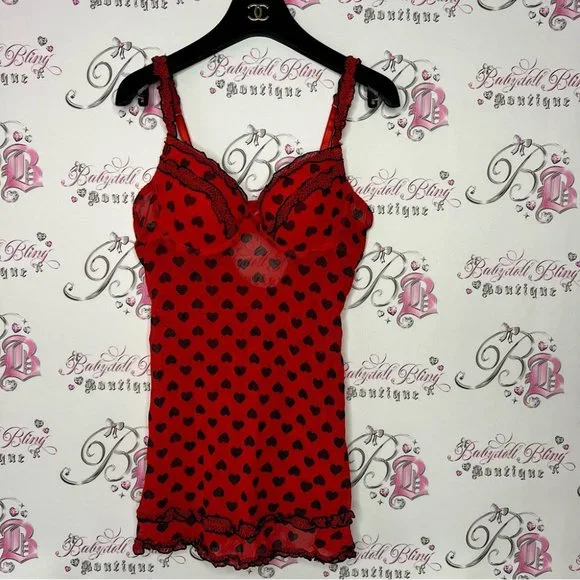 Nature intimates babydoll Chemise heart polka dot ❤️ red and black Lacey y2k - Picture 1 of 7